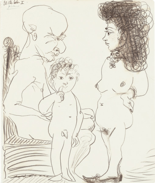 4 Pablo PICASSO, Homme, femme et enfant 30.12.66, crayon de couleur sur papier, 54,5 x 45,5 cm, signé et daté en haut à gauche  - HELENE BAILLY GALLERY.jpg